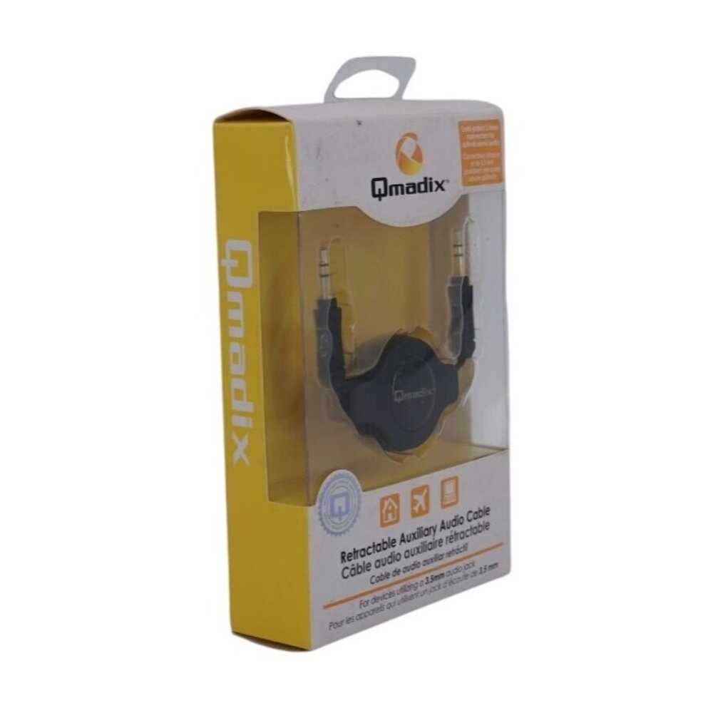 Qmadix Retractable 3.5mm Auxiliary Audio Cable – Male to Male Jack, Universal Co
